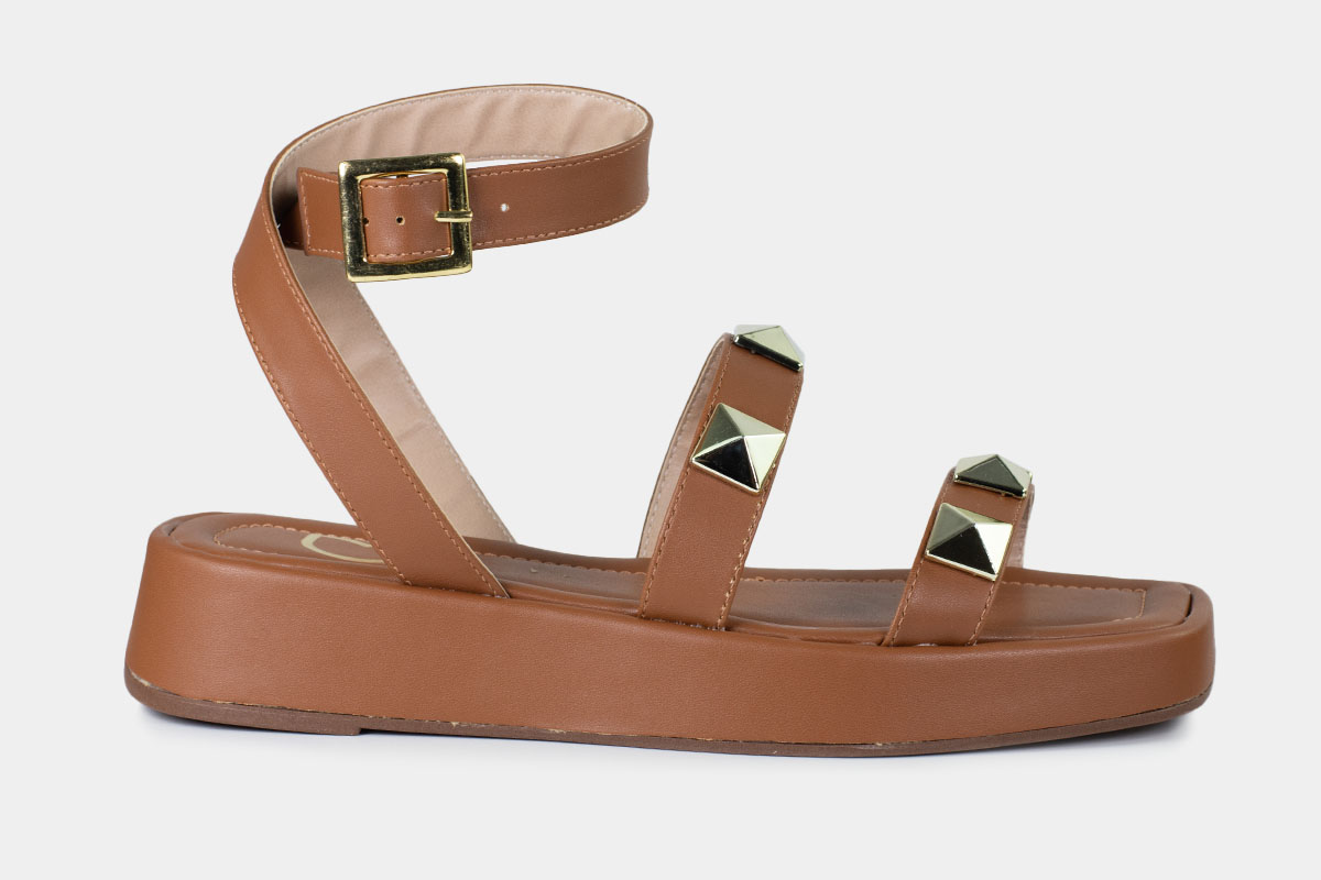 sandália flatform cordão com aplicações - Caramelo/Dourado