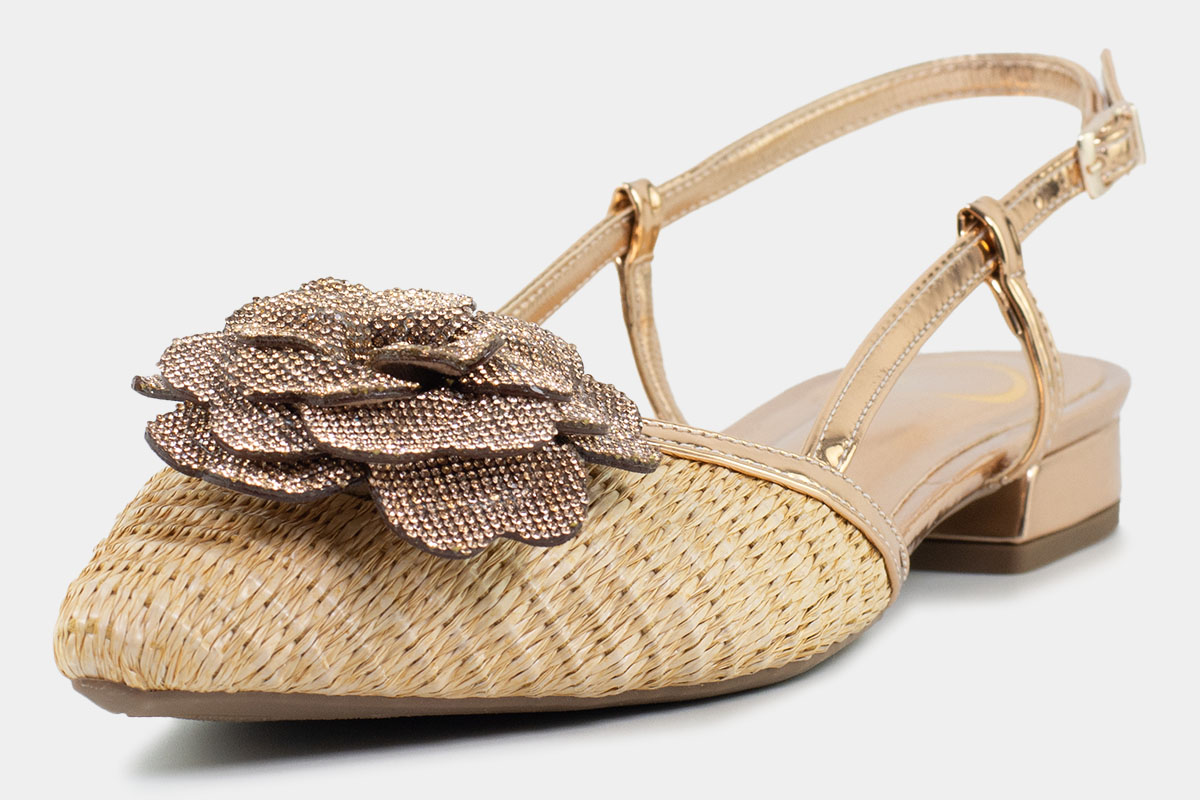 sapatilha slingback flor de strass - Bege/Cobre