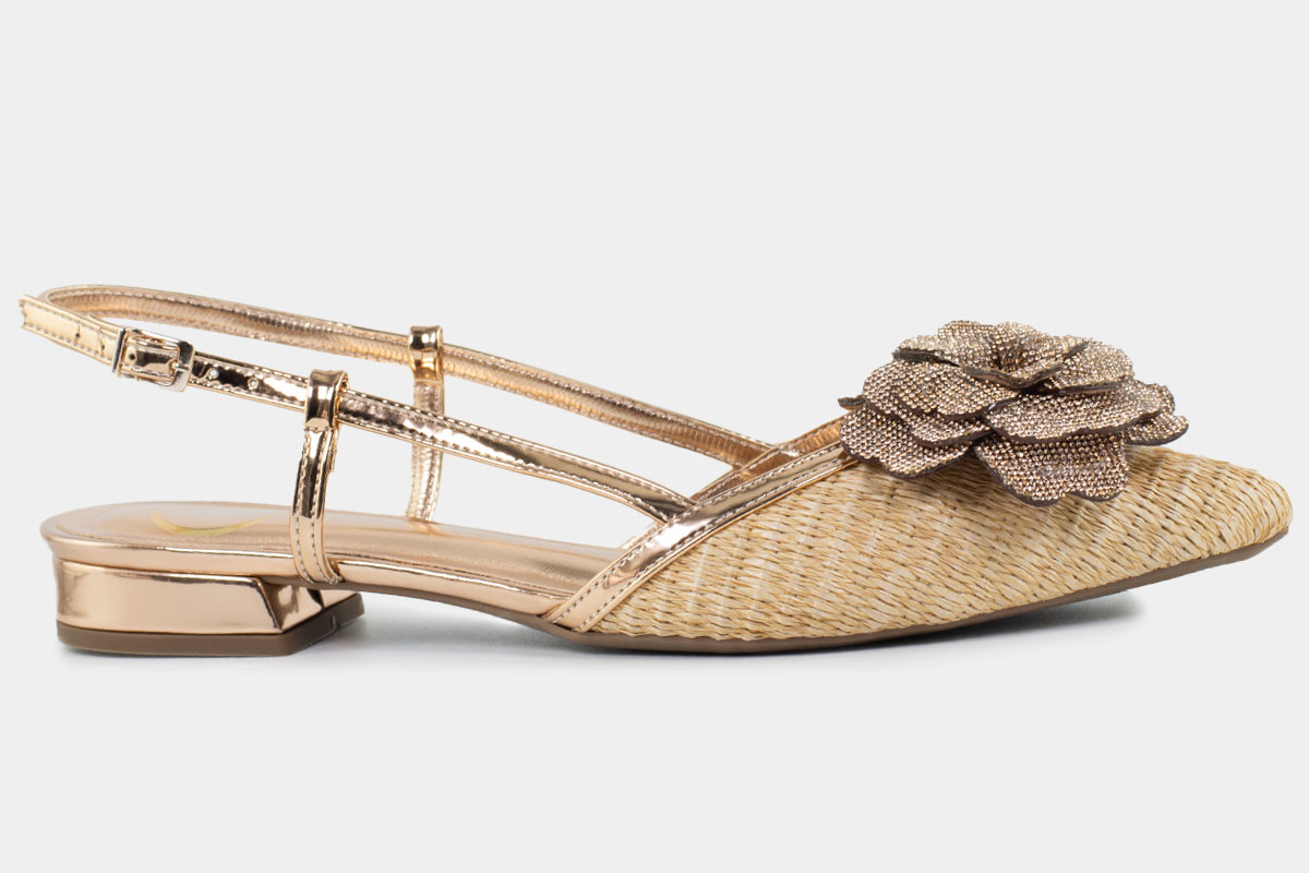 sapatilha slingback flor de strass - Bege/Cobre