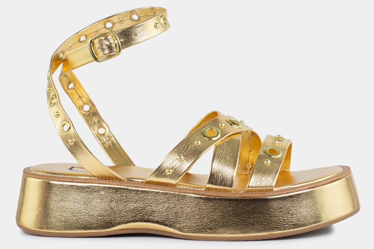 sandália flatform metalizado com aplicações cordão - Dourado