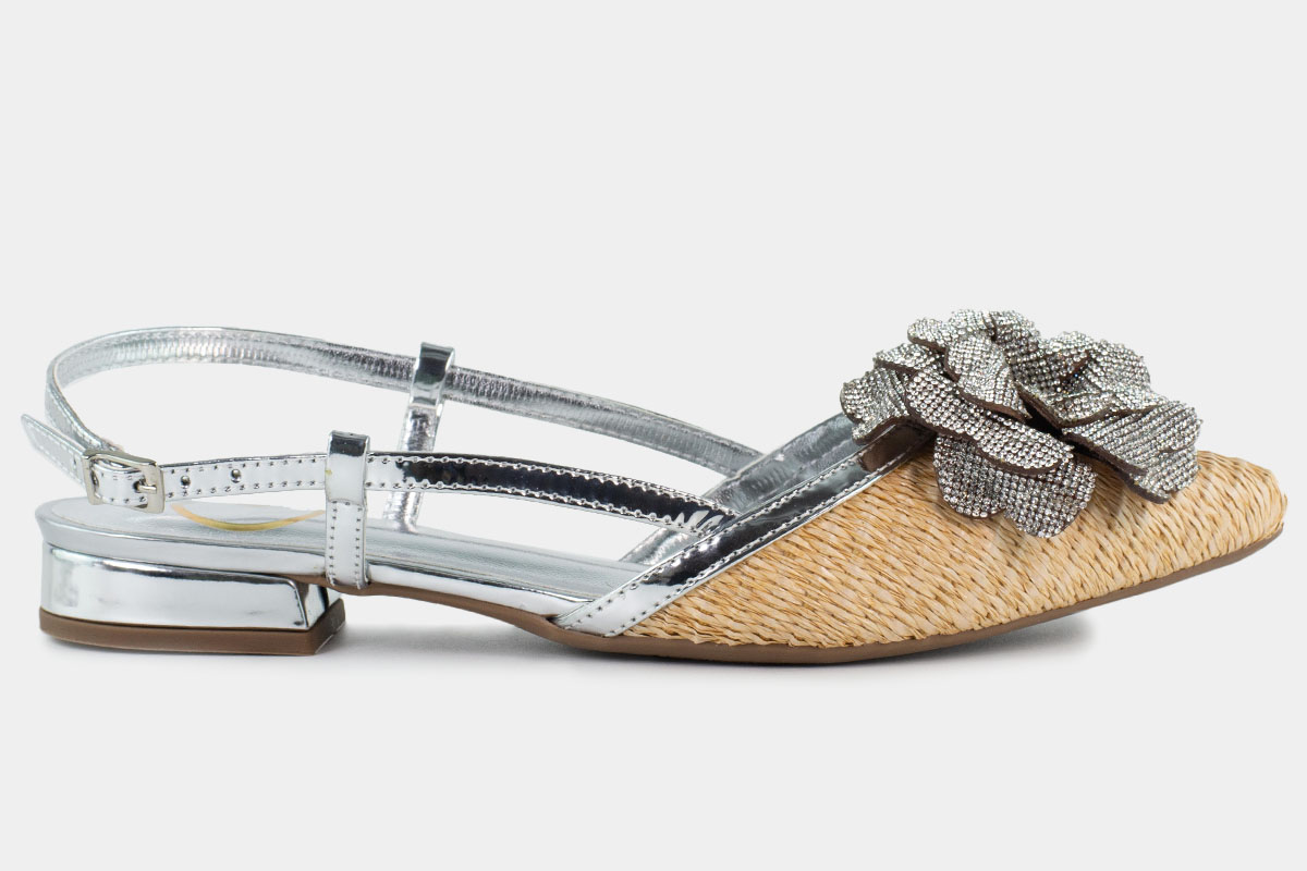 sapatilha slingback flor de strass - Bege/Prata